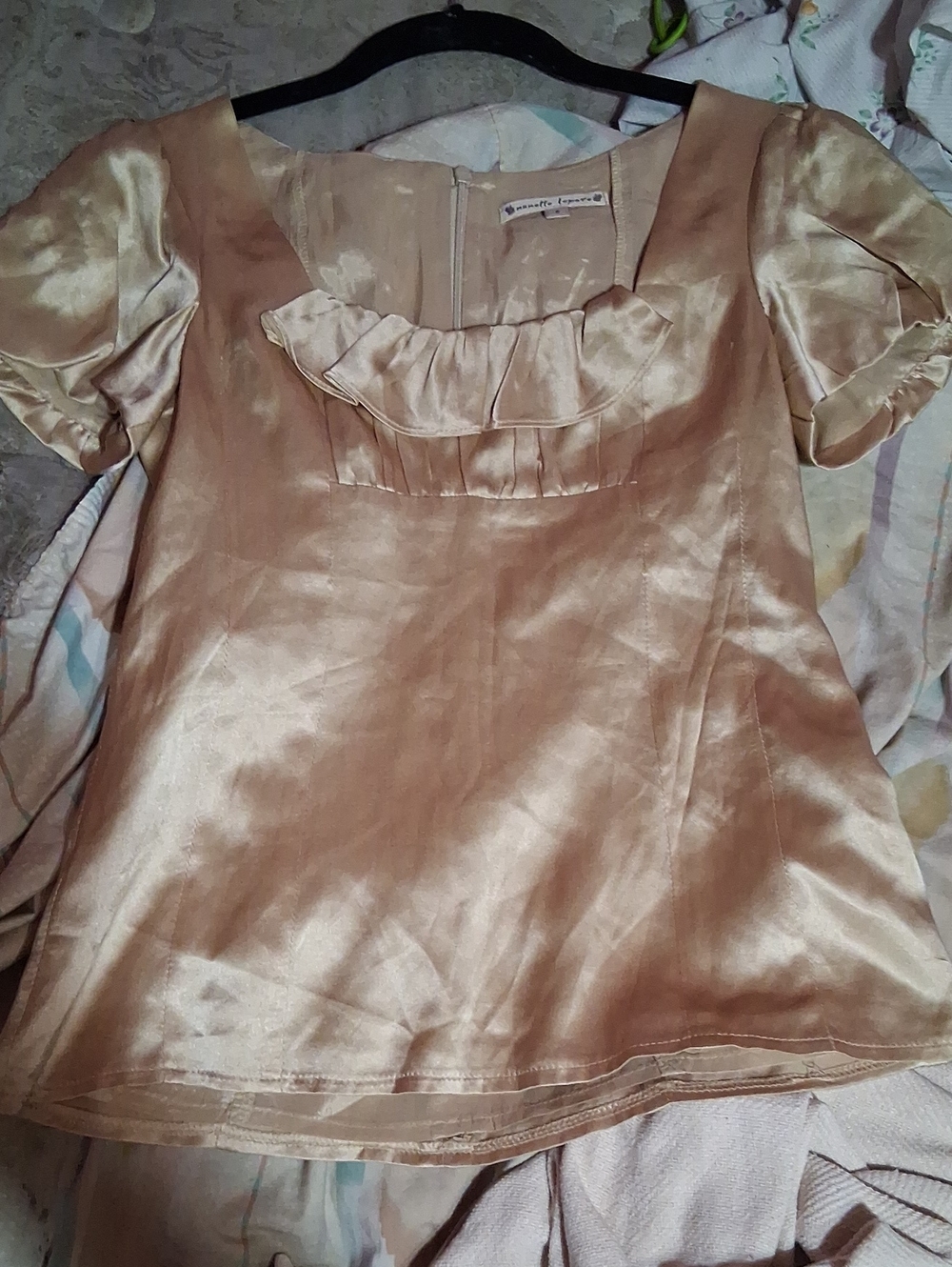 Nanette Lepore Champagne Satin Ruffle-Neck Blouse